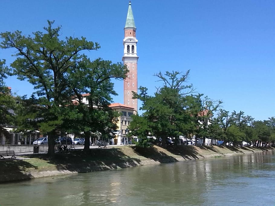 italy, tower, river, architecture, building exterior, water HD wallpaper