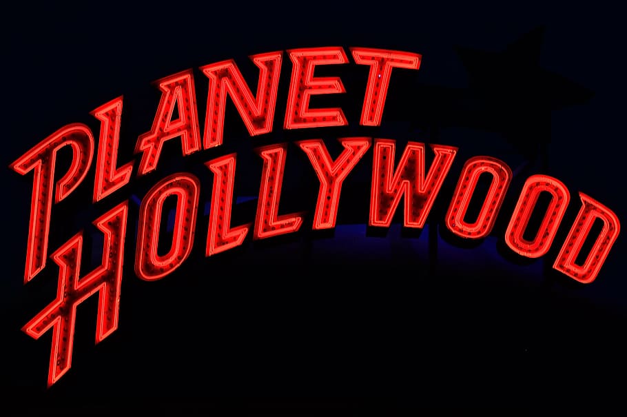 Planet Hollywood neon signage, advertising, illuminated, advertisement, HD wallpaper