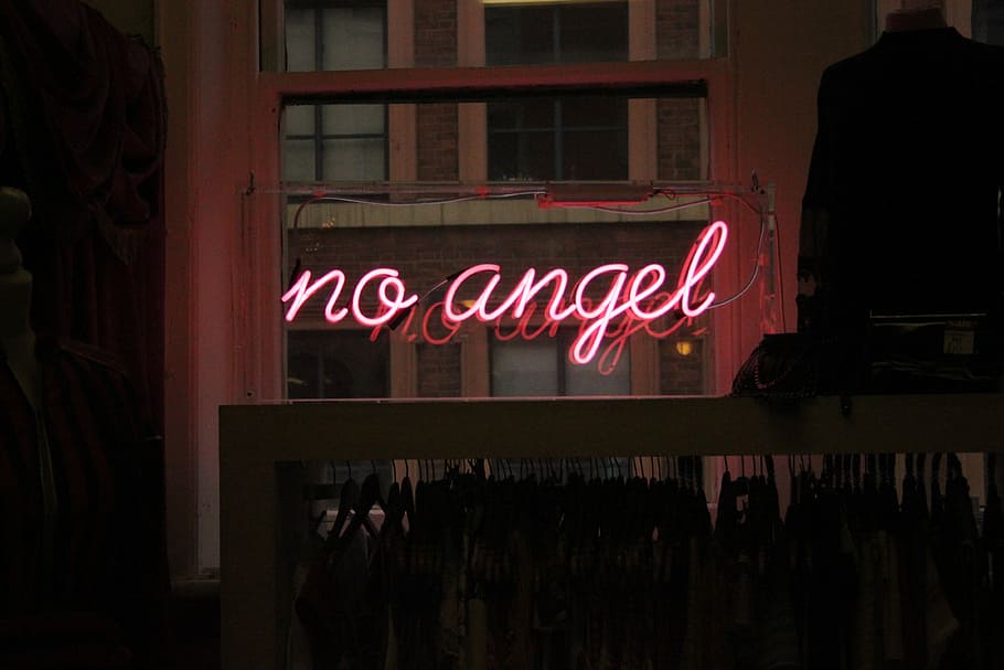 no angel neon signage, red and white No Angel LED signage, night