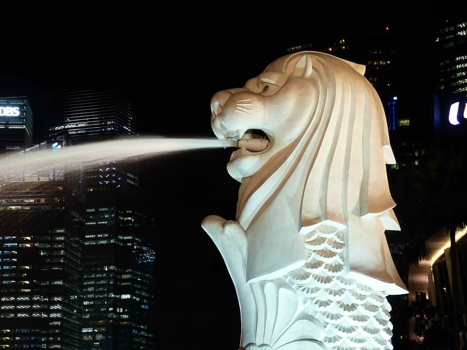 Merlion Singapore, night, statue, famous Place, urban Scene, architecture