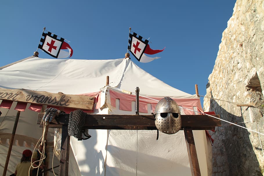medieval fair, games, warrior, architecture, sky, flag, day HD wallpaper