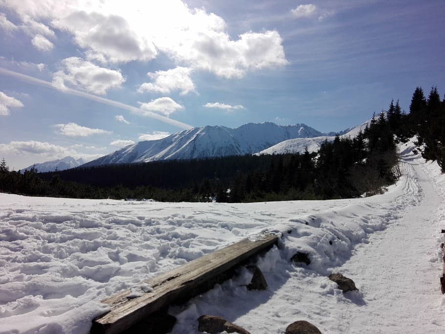 mountains, tatry, view, winter, landscape, trail, clouds, cold temperature HD wallpaper