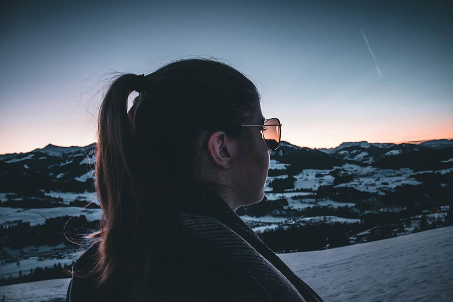 watching the beautiful sunset, women's black top, sky, mountain HD wallpaper
