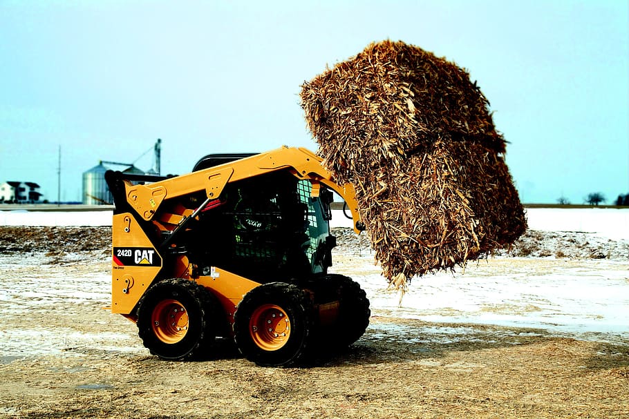 wheel loader, compact loader, cat, 242d, pile, loading, caterpillar, HD wallpaper