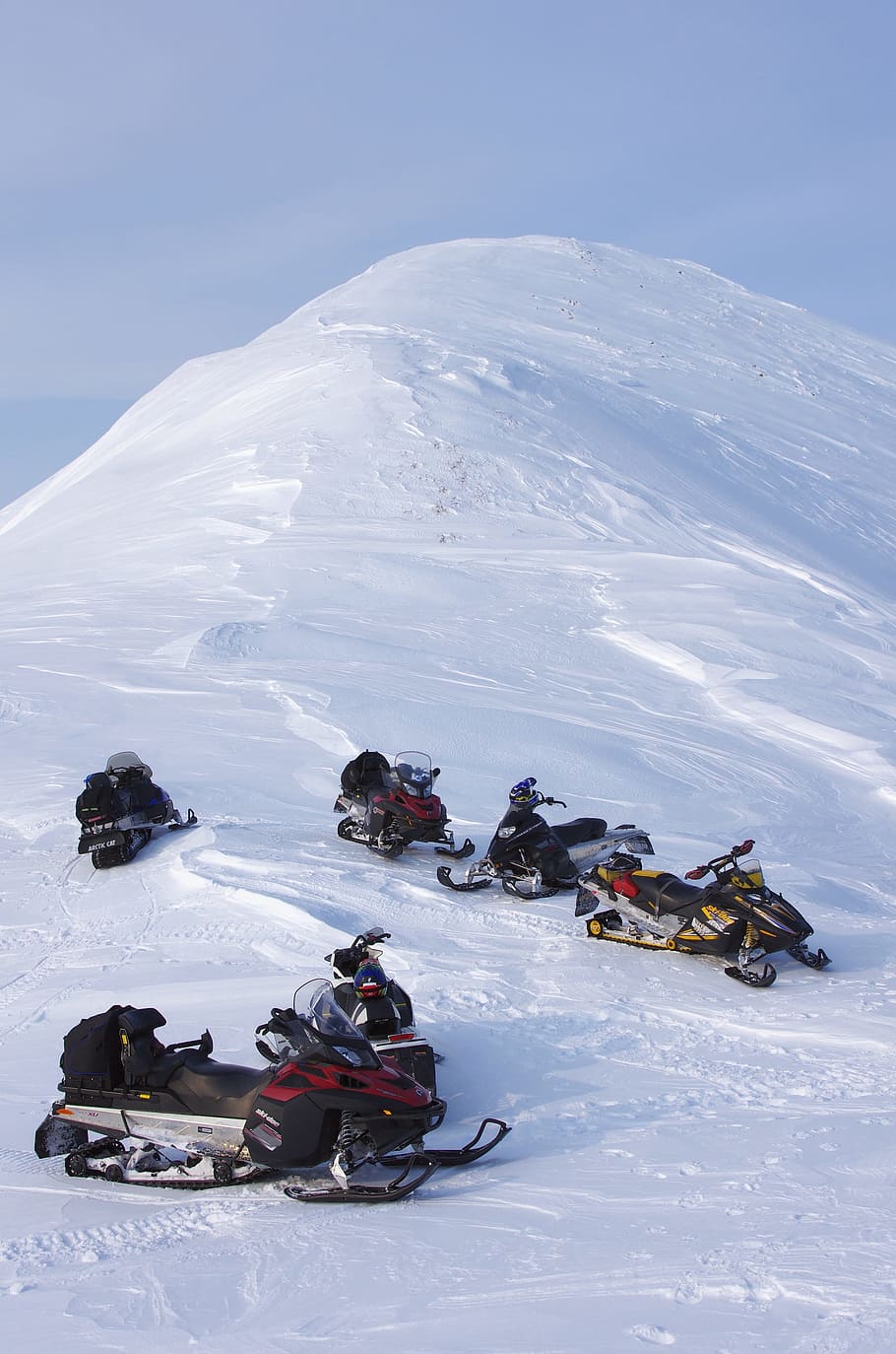 snow, winter, mountains, hill, volcano, snowmobile, ice, snowdrifts HD wallpaper