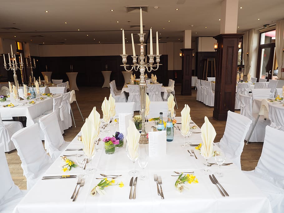 fine dining setup, wedding table, ballroom, hall, wedding decoration, HD wallpaper