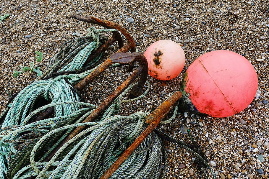 anchor, warp, rope, buoy, beach, shingle, mooring, ground tackle