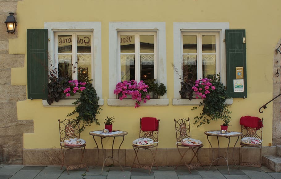 triple, facade, coziness, flower, flowering plant, table, architecture HD wallpaper
