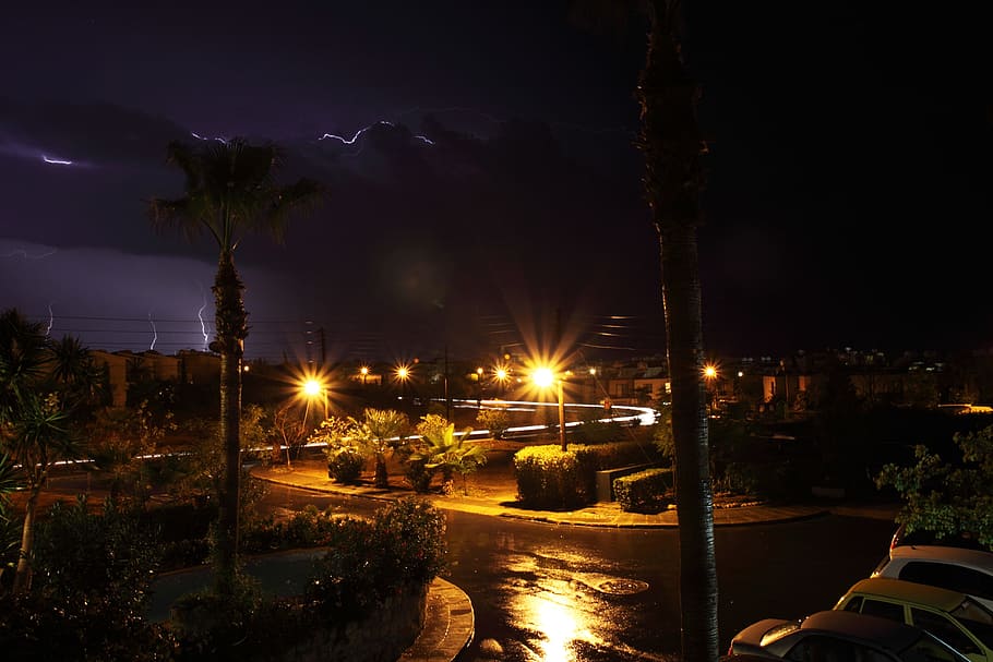 cloud, clouds, dark, electricity, lightning, night, palm, rain HD wallpaper