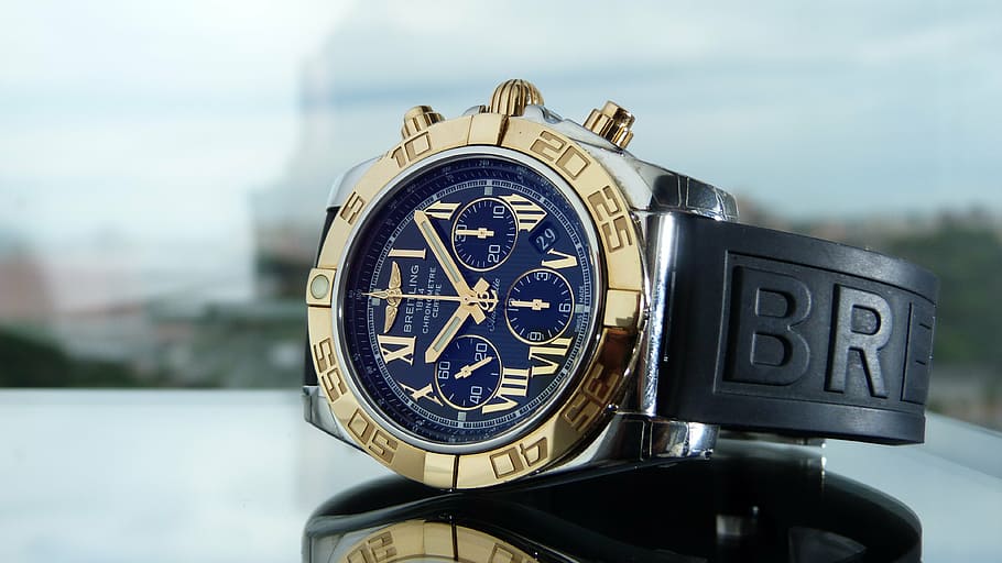 round blue and gold-colored chronograph watch with black strap, HD wallpaper