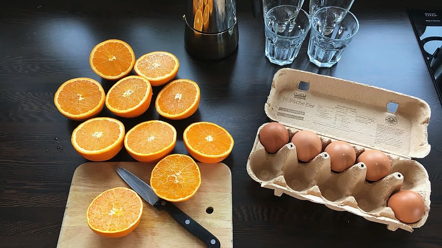 breakfast, egg, juice, oranges, squeeze out, breakfast egg HD wallpaper