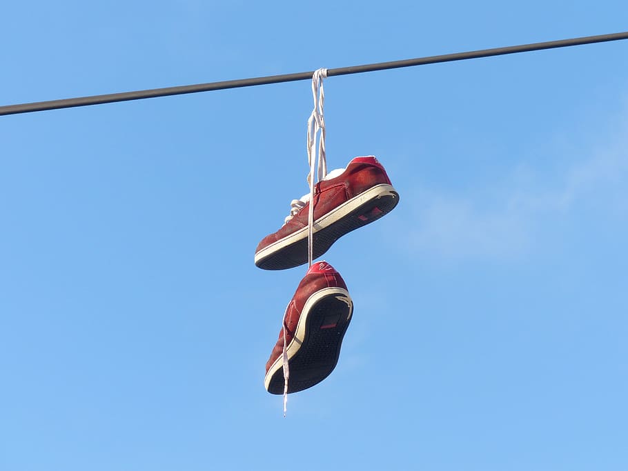 pair of red shoes hanging on black wire, Depend, Leash, Beautiful
