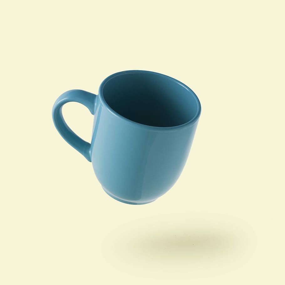 teal ceramic mug, blue ceramic mug on white background, cup, yellow background HD wallpaper