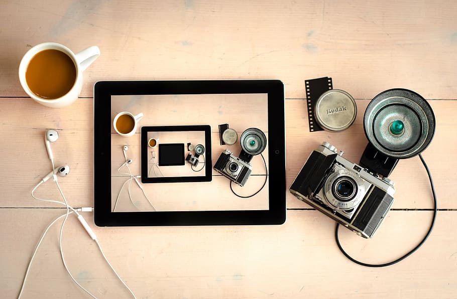 black iPad beside mug and DSLR camera, instant, flash, lens HD wallpaper