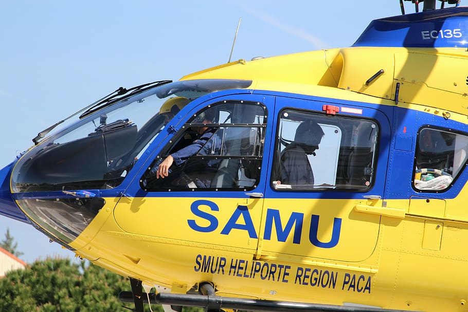 helicopter, samu, emergency, mode of transportation, text, yellow HD wallpaper