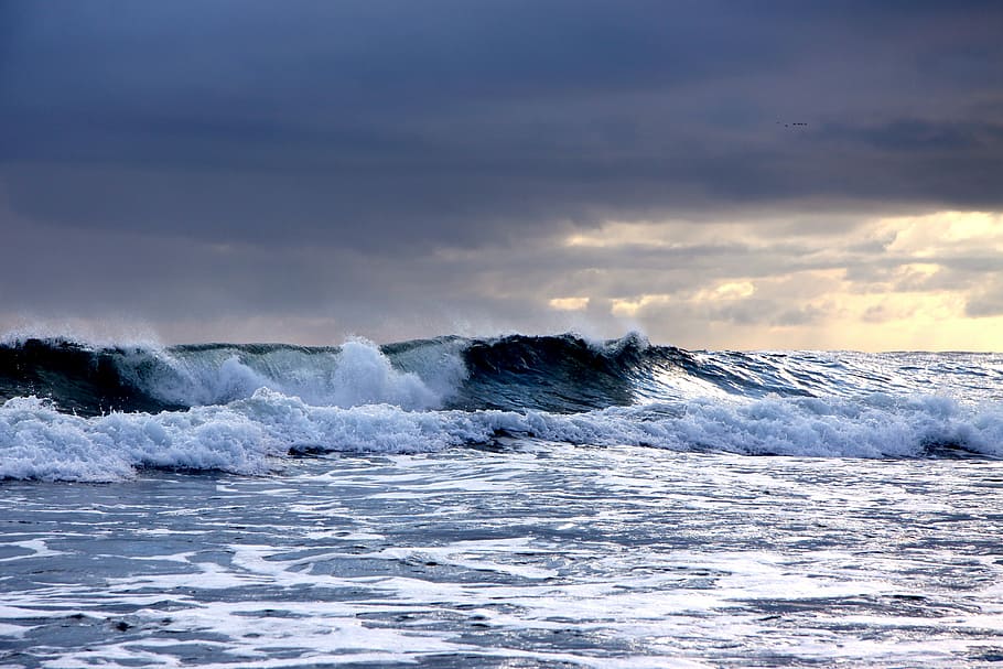 ocean wave under cloudy sky, waters, surf, sea, horizontal HD wallpaper