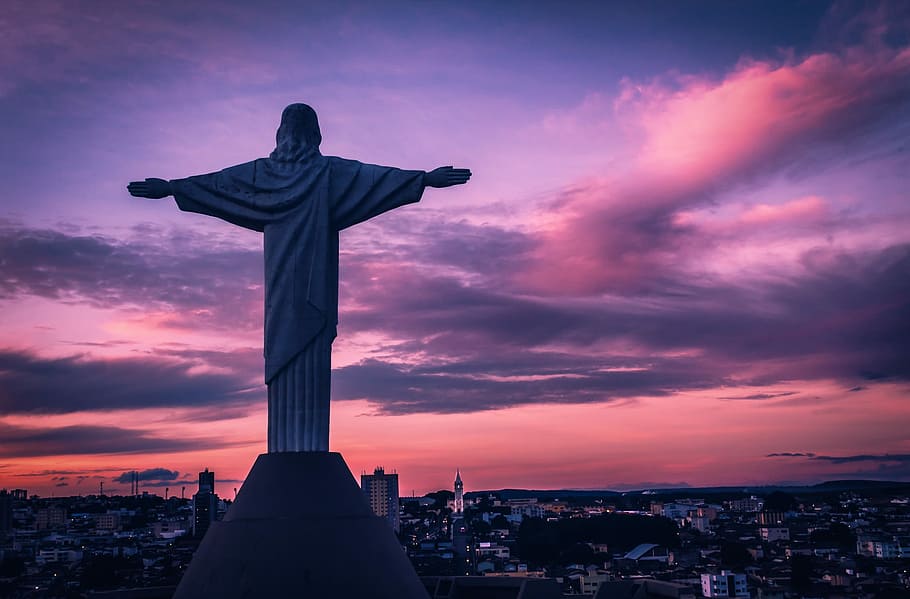 Araxa, Mirante, Brazil, Sunrise, Statue, jesus, open arms, sunset, HD wallpaper