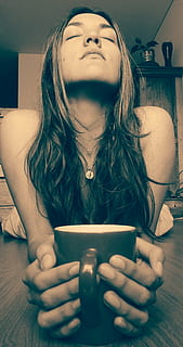 woman holding black ceramic mug, coffee, calm, time, meditate HD wallpaper