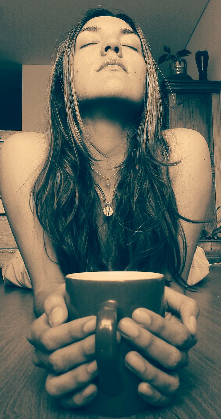 woman holding black ceramic mug, coffee, calm, time, meditate HD wallpaper