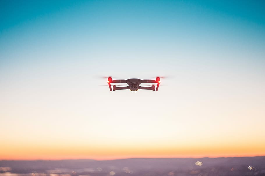 drone hoovering at daytime, macro shot photography of drone, sky HD wallpaper