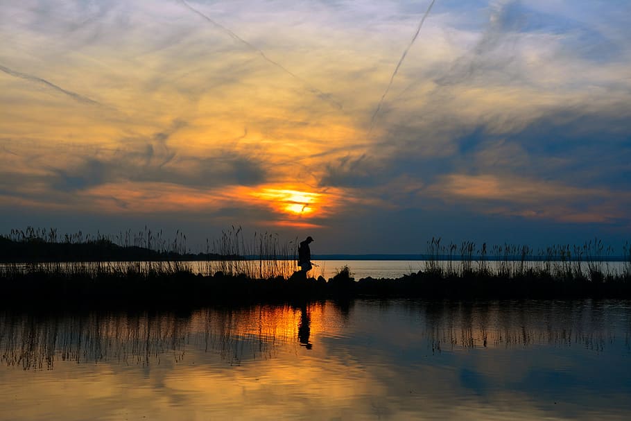 silhouette photo of person standing near body of water, lake balaton HD wallpaper