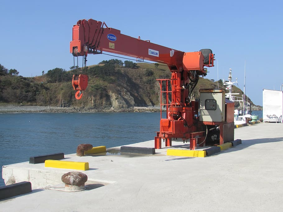 crane, coastal, battery, facilities, beach, machinery, sky HD wallpaper