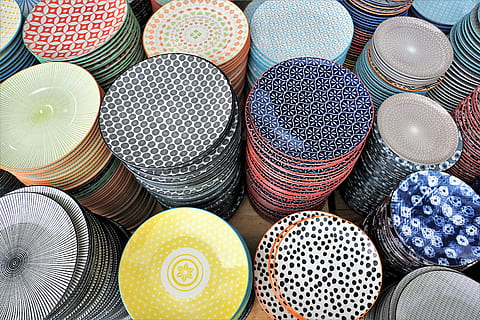 assorted-color plate lot, background, handmade, table, sew HD wallpaper