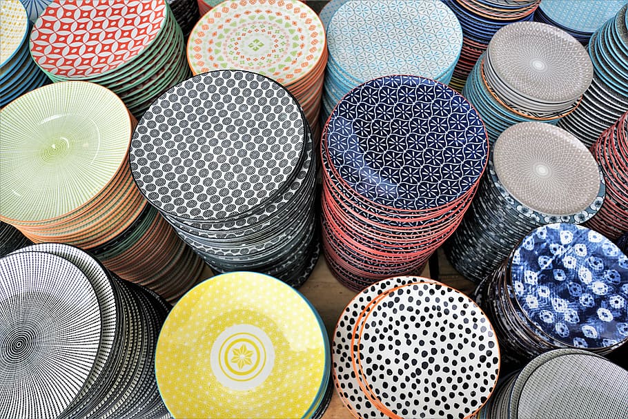 assorted-color plate lot, background, handmade, table, sew HD wallpaper