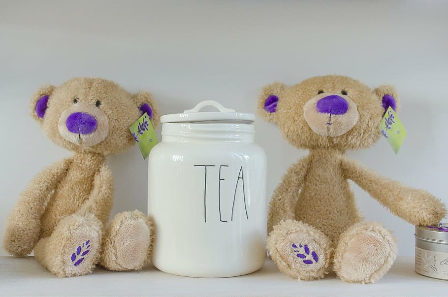 white ceramic jar in the middle two brown bear plush toys, tea HD wallpaper