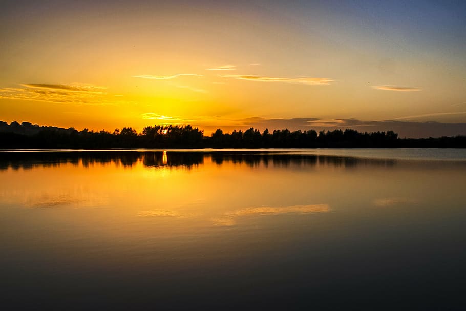 landscape, pond, sun, twilight, sunset, nature, reflection HD wallpaper