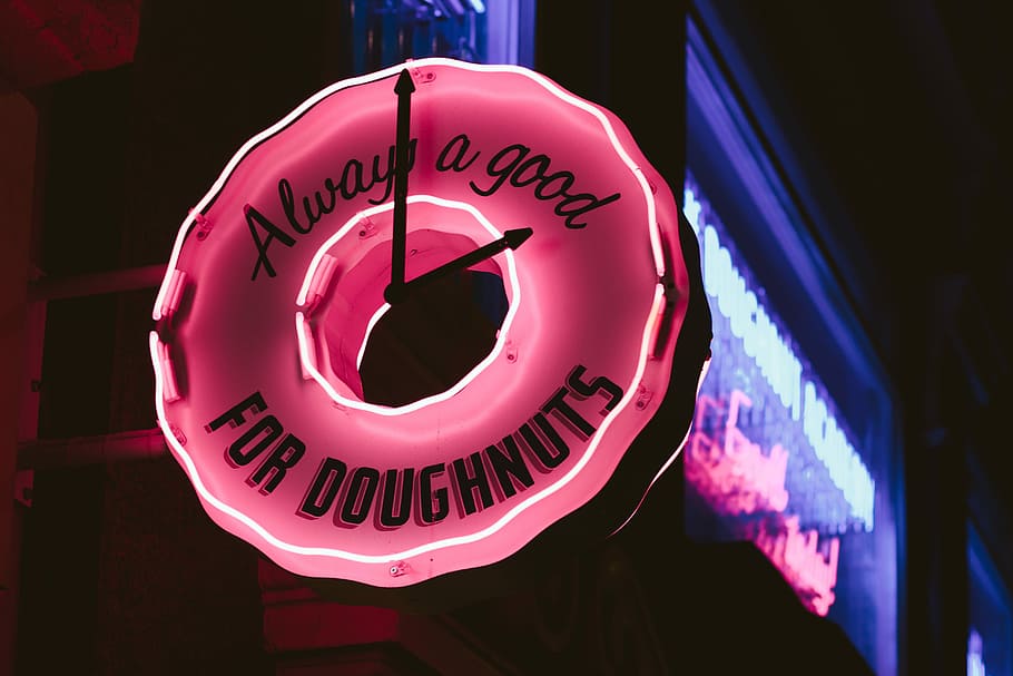 selective focus photography of lighted always a good for doughnuts clock signage, lighted pink and white always a good for doughnuts LED sign, HD wallpaper