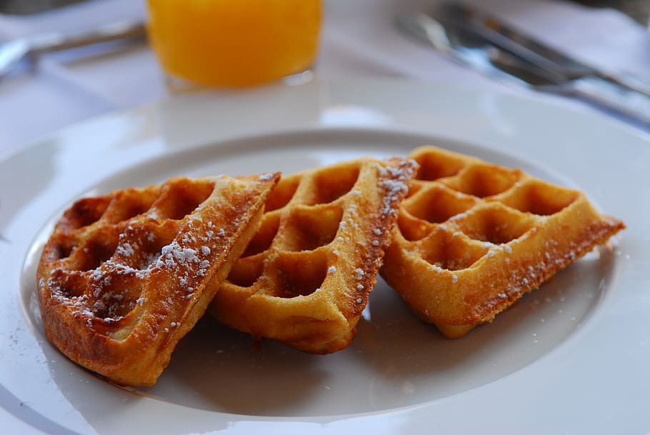three waffles on plate, breakfast, food, morning, dish, sweet, HD wallpaper