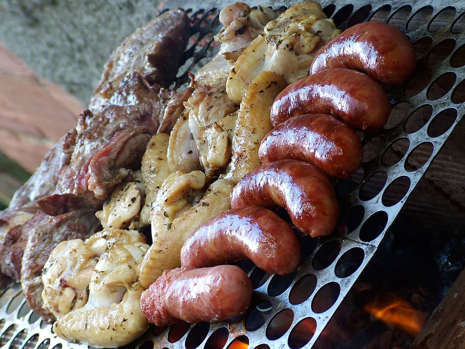 barbecue, sausage, tiny wing, meat, food, grid, food and drink HD wallpaper