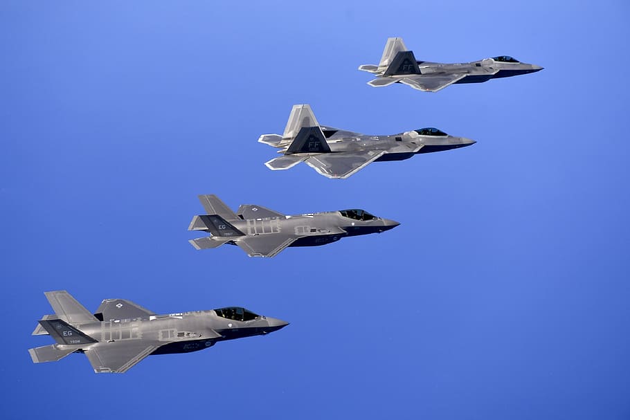 military raptors, jets, f-22, airplanes, fighters, flying, flight, HD wallpaper