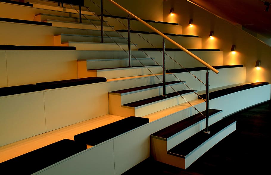 white stair with lights, stairs, emergence, gradually, staircase, HD wallpaper