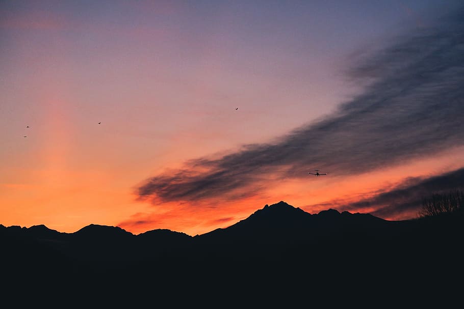silhouette of mountain under white clouds, sunset photo, peak HD wallpaper