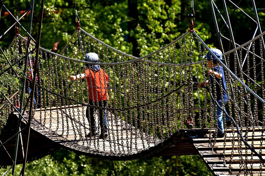 Suspension Bridge, Chains, Children, experience, height, shaky HD wallpaper
