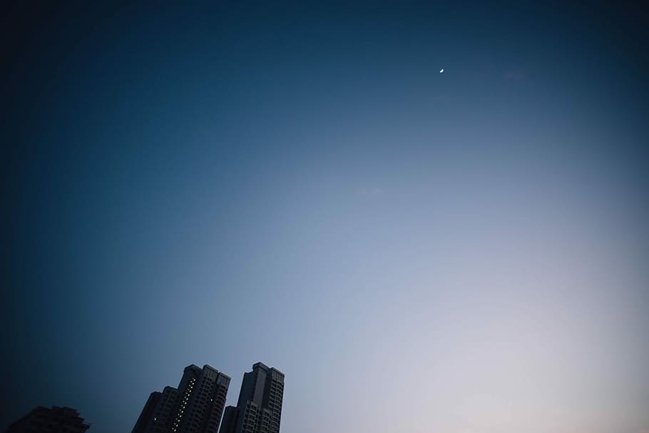 high-rise buildings under blue sky, city buildings under blue sky with moon HD wallpaper