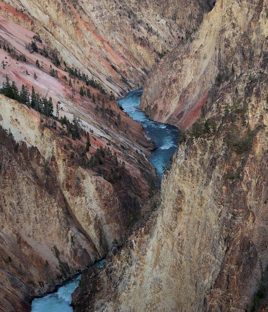 high-angle photography of river in between mountain, aerial photo of canyons HD wallpaper