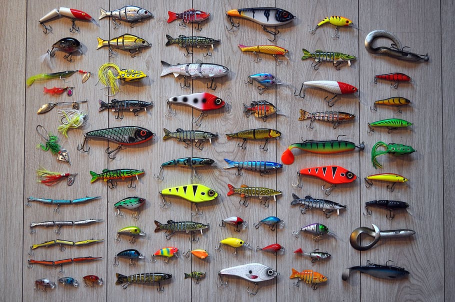 fish lure collection, fishing, rod, hooks, fisherman, sport, water, HD wallpaper