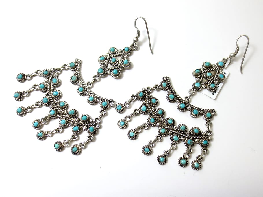 silver-and-green gemstone hook earrings, zuni, native american, HD wallpaper