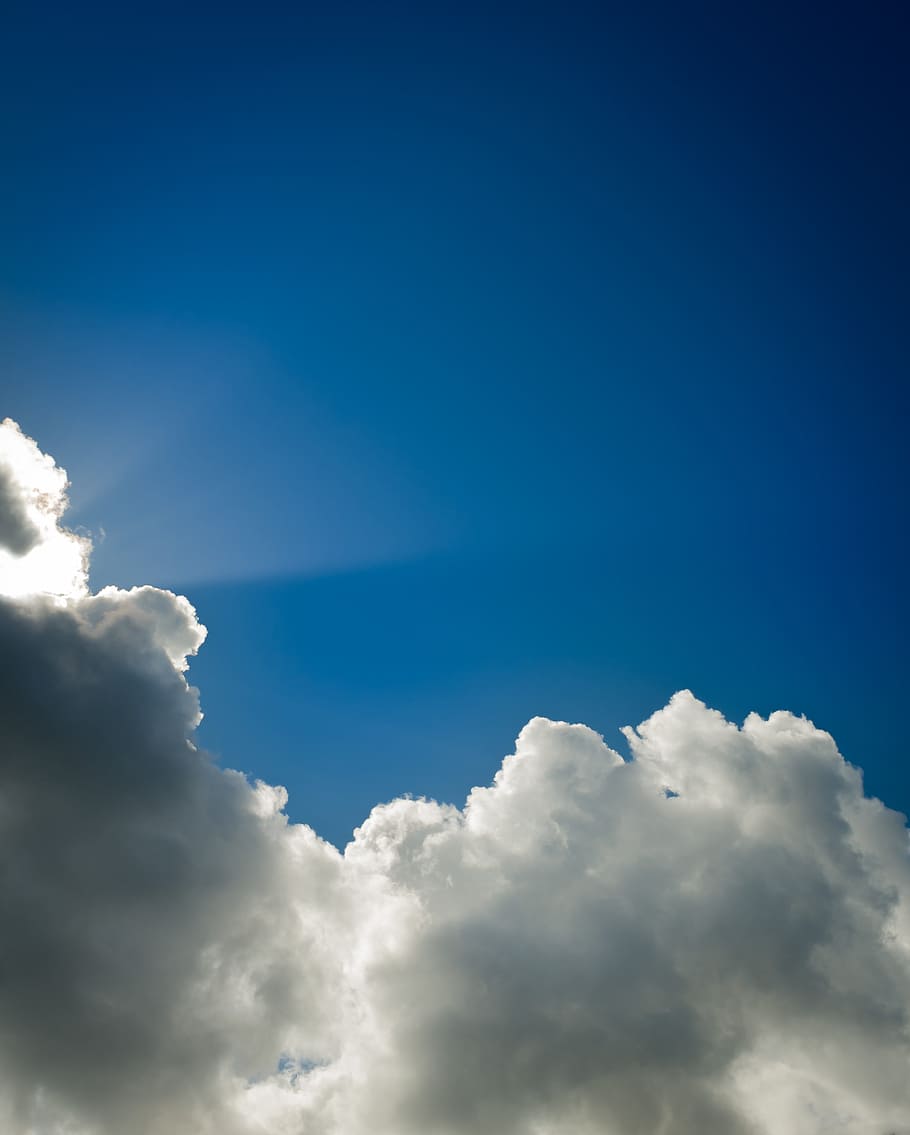 sun behind cumulus clouds, sky, blue, weather, environment HD wallpaper