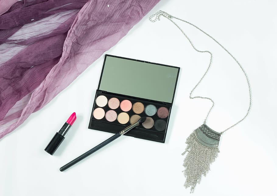 black eyeshadow palette with pink lipstick and brush, makeup, HD wallpaper