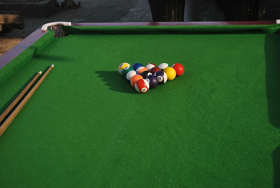 pool table with balls and cue sticks, Pool, Table, Billiards