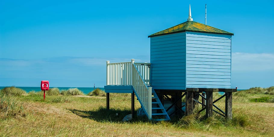 beach, beach hut, blue, clouds, daylight, environment, grass HD wallpaper