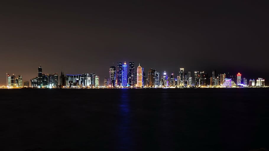 city skyline at nighttime, doha, qatar, west bay, illuminated HD wallpaper