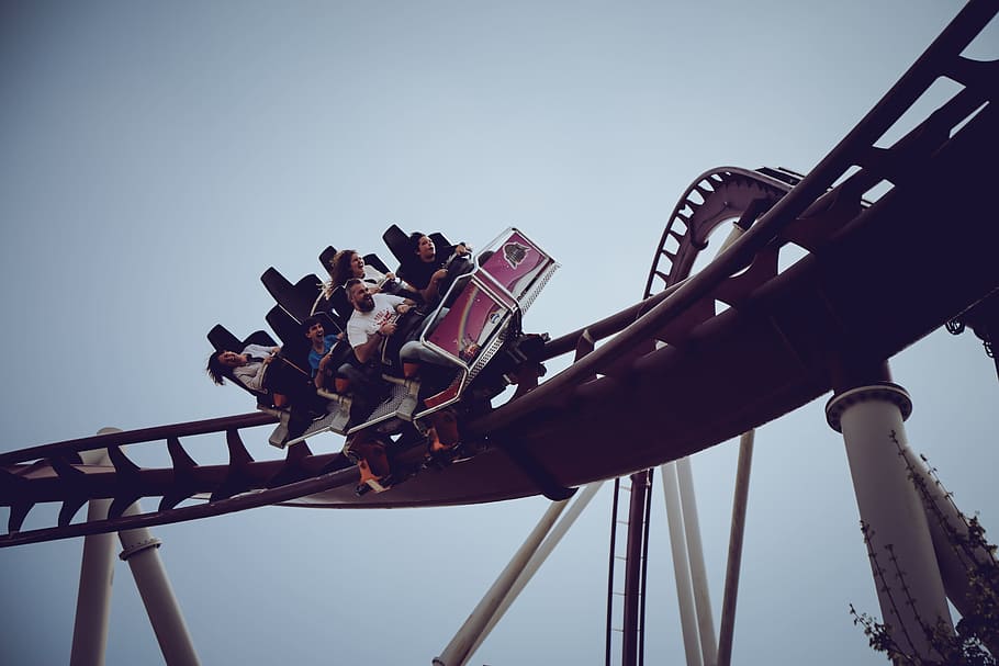 six person riding on roller coaster at daytime, people riding on roller coaster HD wallpaper
