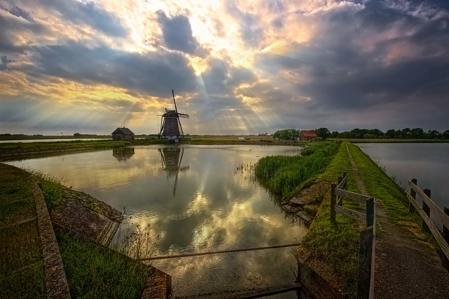 body of water under blue sky, windmill, texel, netherlands HD wallpaper