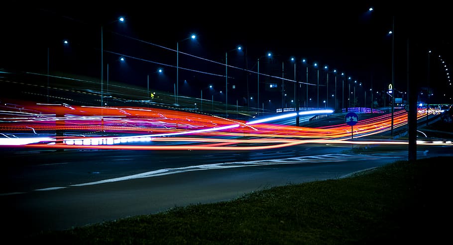 architecture, blur, bridge, evening, highway, light streaks HD wallpaper