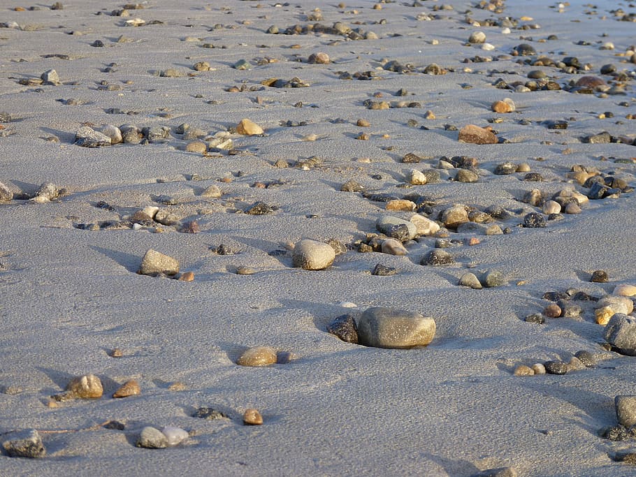 Beach, Stones, Shadow, Sun, evening light, sea, sand, pebble HD wallpaper